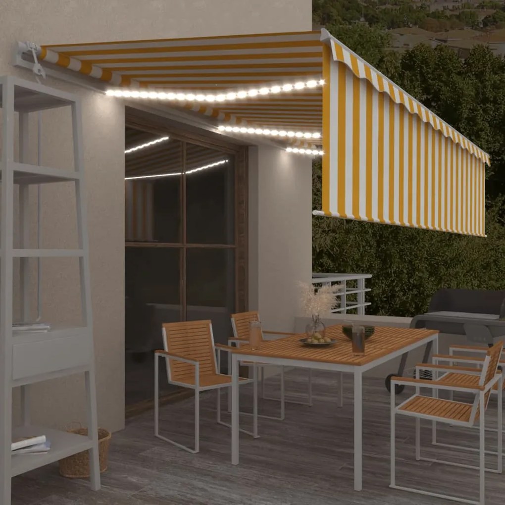 Toldo autom. c/ estore/LED/sensor de vento 6x3 m amarelo/branco