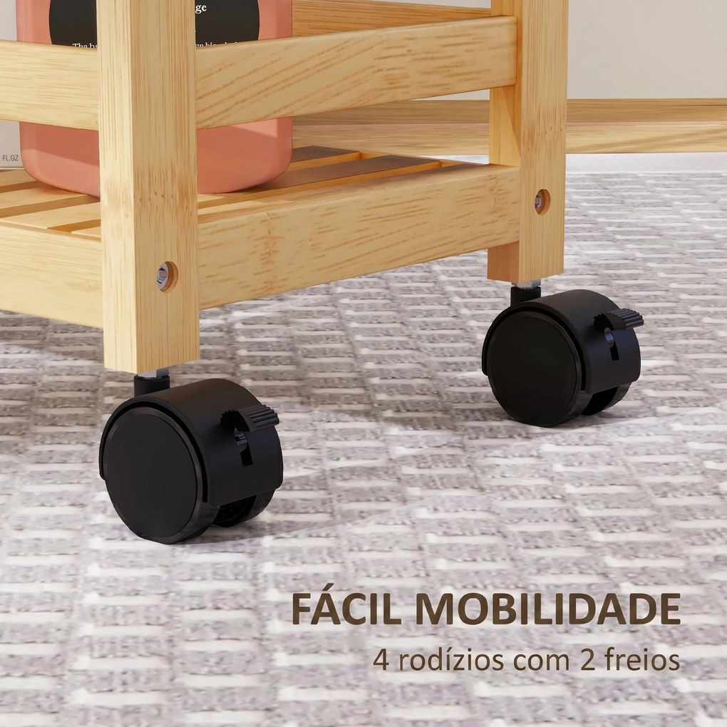 Carrinho de Cozinha Estreito de 3 Níveis com Rodas e Pega para Sala, Casa de Banho, Espaços Pequenos 55x20x75 cm Natural