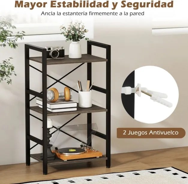 Estante metálica compacta 42 x 28 x 71 cm de 3 níveis com prateleiras abertas e proteção anti-tombamento para sala de estar, escritório ou estúdio, em