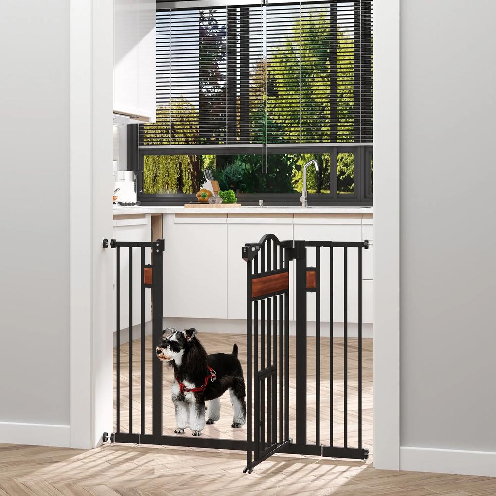 PawHut Barreira de Segurança para Cães Extensível para Portas Escadas 74-105cm com 2 Extensões de 10 e 15cm com 2 Portas e Fechadura Automática Aço Preto