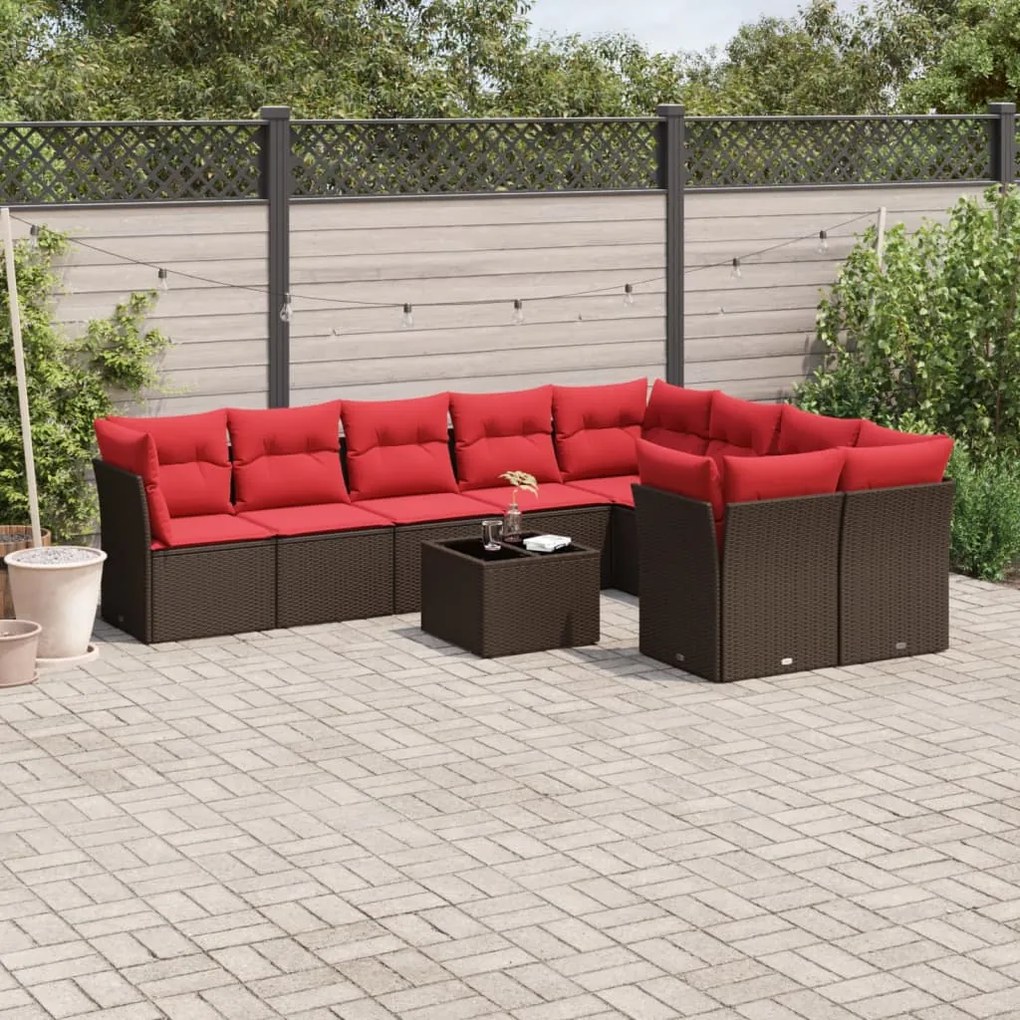 vidaXL 10 pcs conj. sofás jardim com almofadões vime PE castanho