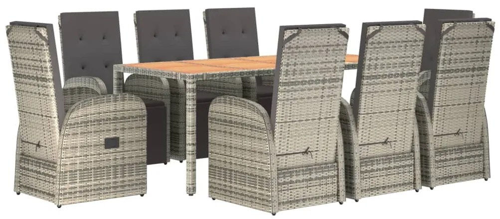 9 pcs conjunto de jantar p/ jardim c/ almofadões vime PE cinza