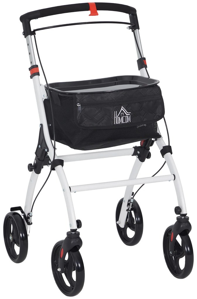 HOMCOM Andarilho para Idosos Dobrável de Alumínio com Altura Ajustável Travão e Bolsa de Transporte 64,5x54x90-102 cm Preto e Branco | Aosom Portugal