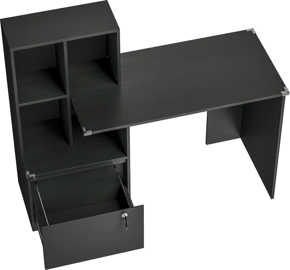 HOMCOM Mesa de computador com estante 4 compartimentos e gaveta com fechadura, 126 x 50 x 109 cm, preto | Aosom Portugal
