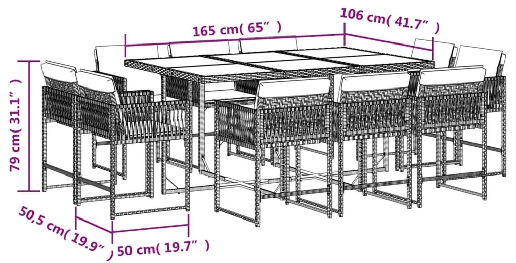 11 pcs conjunto jantar p/ jardim c/ almofadões vime PE cinzento