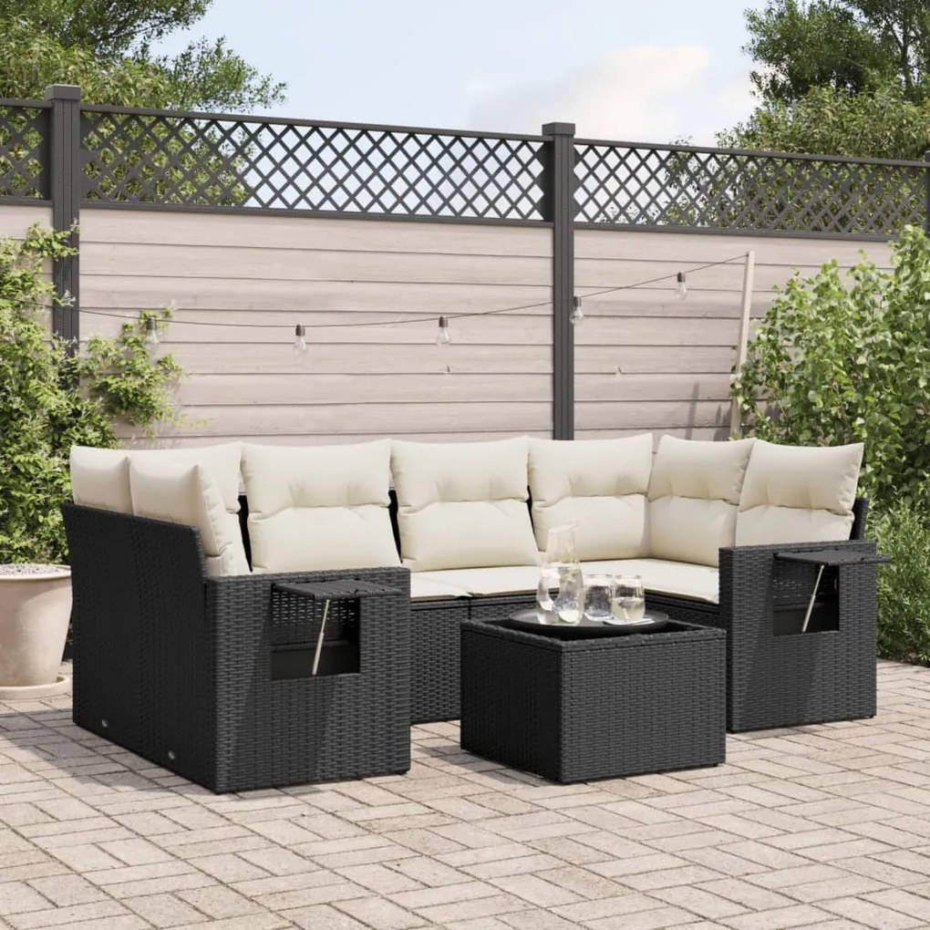 7 pcs conjunto de sofás p/ jardim c/ almofadões vime PE preto