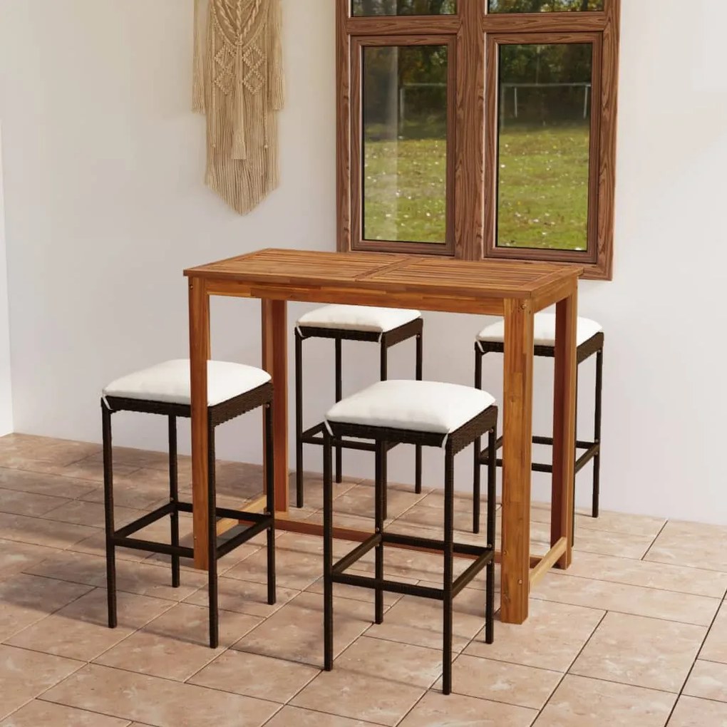 vidaXL 5 pcs conjunto de bar p/ jardim com almofadões castanho
