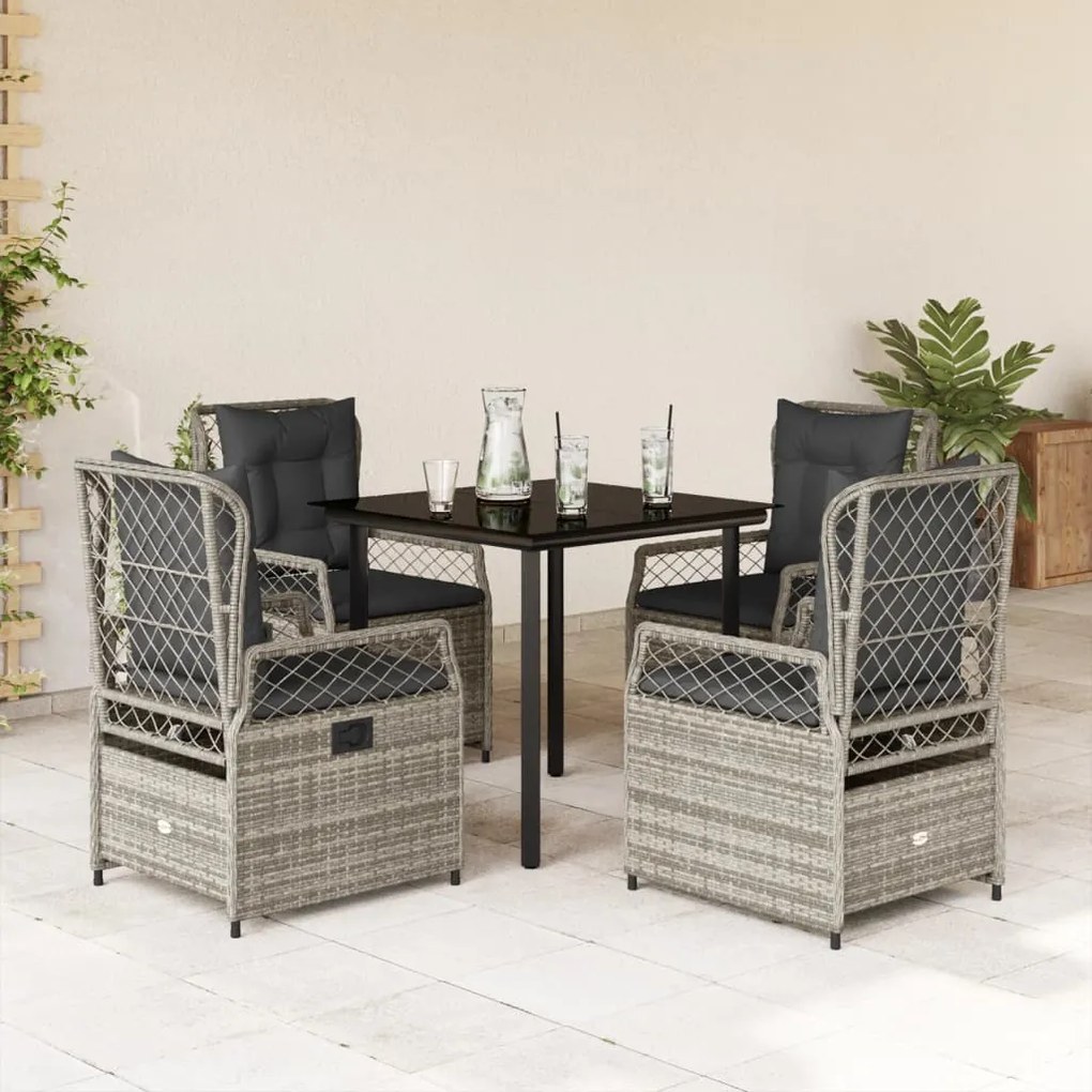 5 pcs conjunto de jantar p/ jardim c/ almofadões vime PE cinza