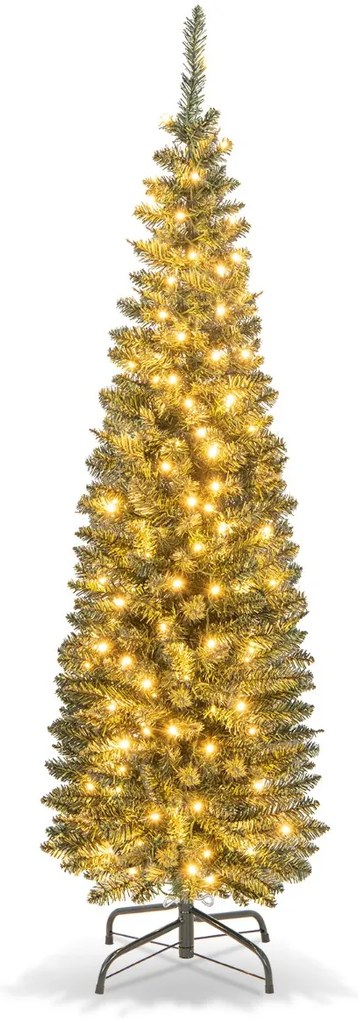 Árvore de Natal artificial pré-iluminada de 150 cm em forma de lápis com luzes LED brancas quentes Suporte de metal dobrável verde