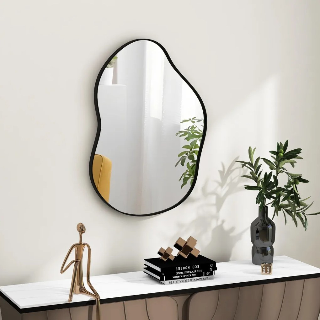 Espelho de parede assimétrico com suporte premium de forma irregular 78 x 56,5 cm Preto