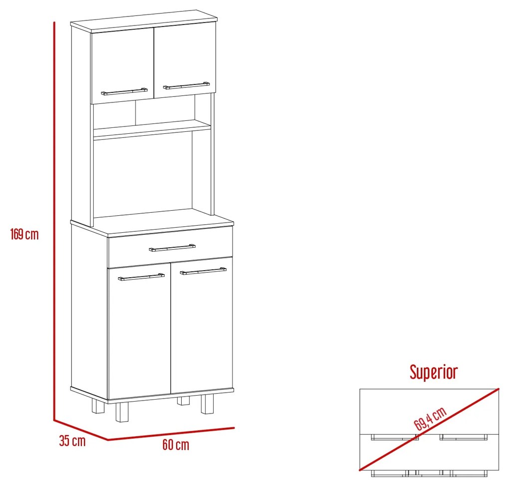 Armário cozinha Della com gaveta, 2 armários e bancada para micro-ondas, 169 x 60 x 35 cm branco