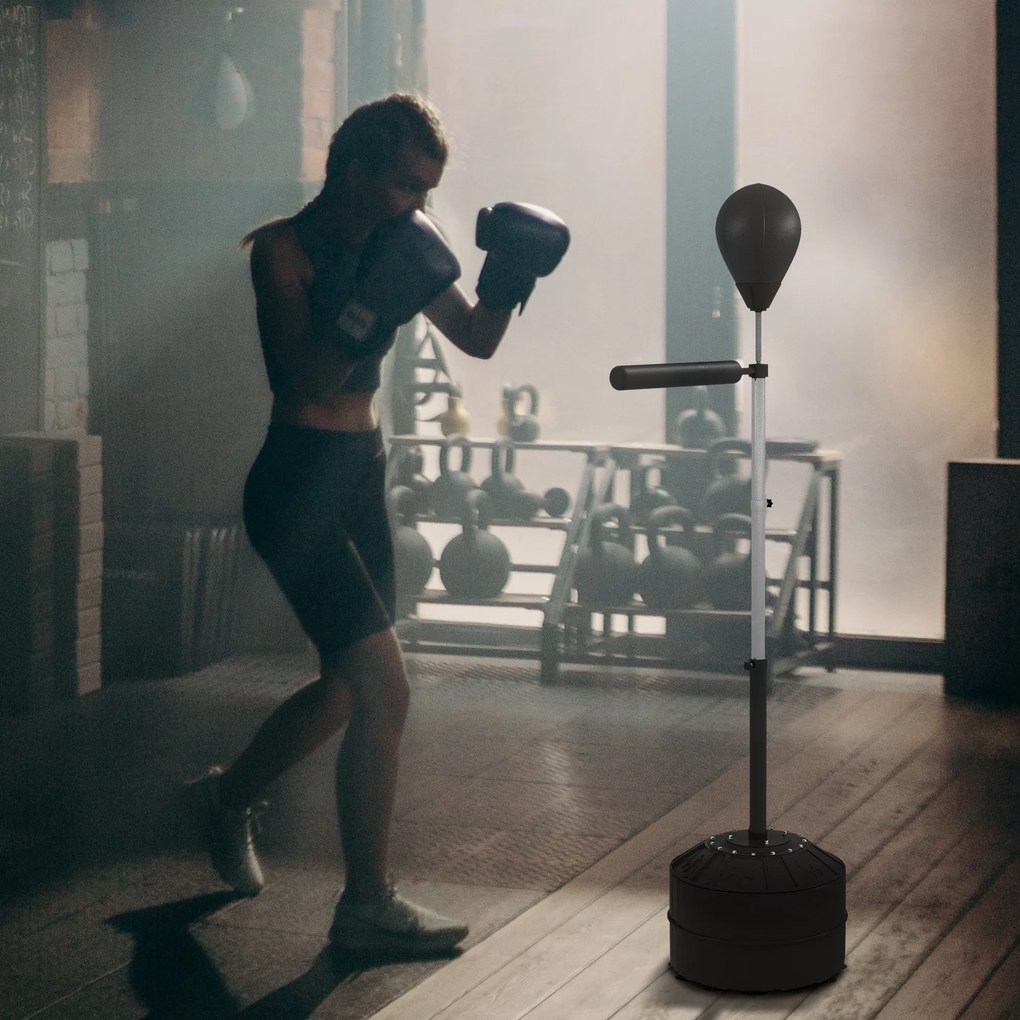 Saco de boxe com suporte, regulável em altura de 160 a 205 cm, com bomba incluída, enchível com areia ou água, preto