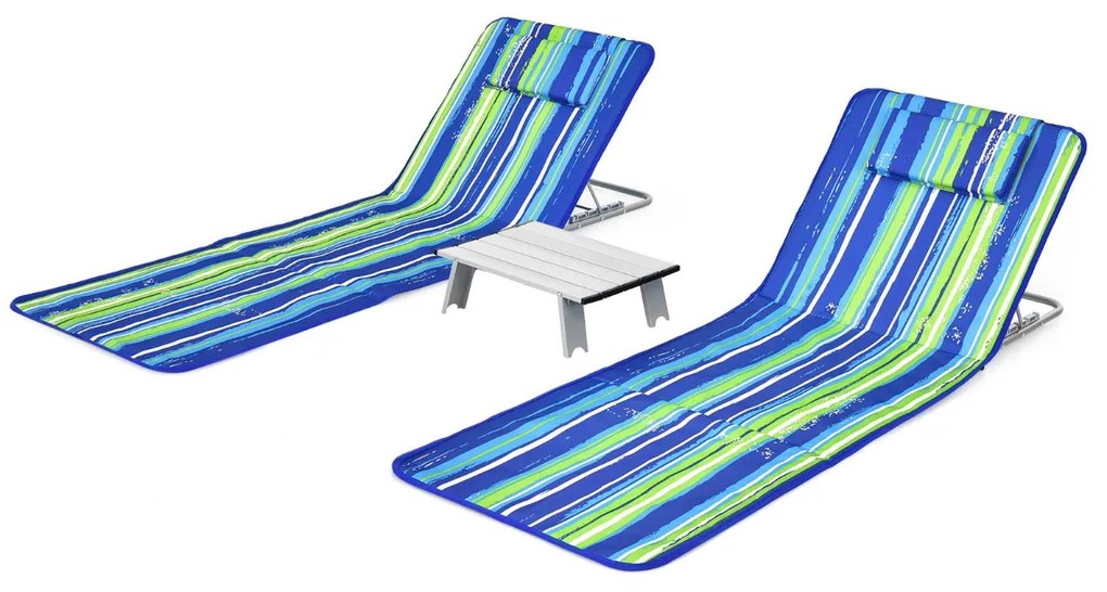 Conjunto de 2 espreguiçadeiras de praia dobráveis Tapetes de praia com mesa portáteis para a praia, jardim, campismo Riscas azuis