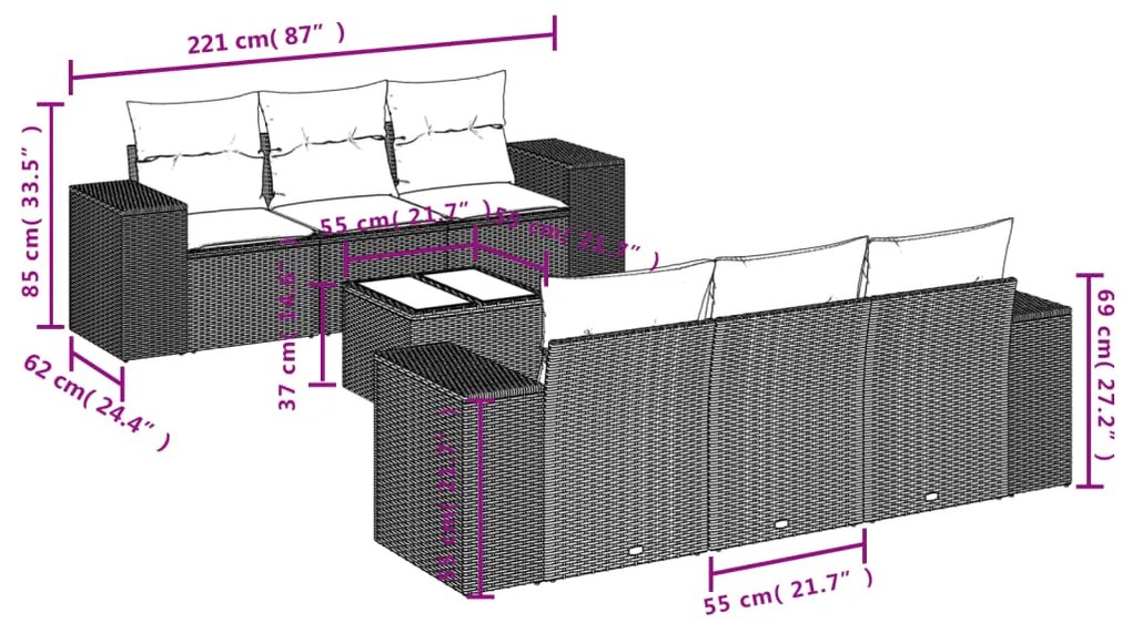 7 pcs conjunto de sofás p/ jardim c/ almofadões vime PE preto