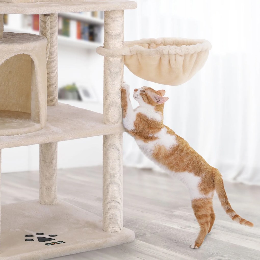 Arranhador gatos 2 cavernas 55 x 45 x 152 cm bege