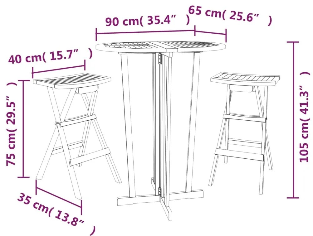 3 pcs conjunto de bar dobrável madeira de teca maciça