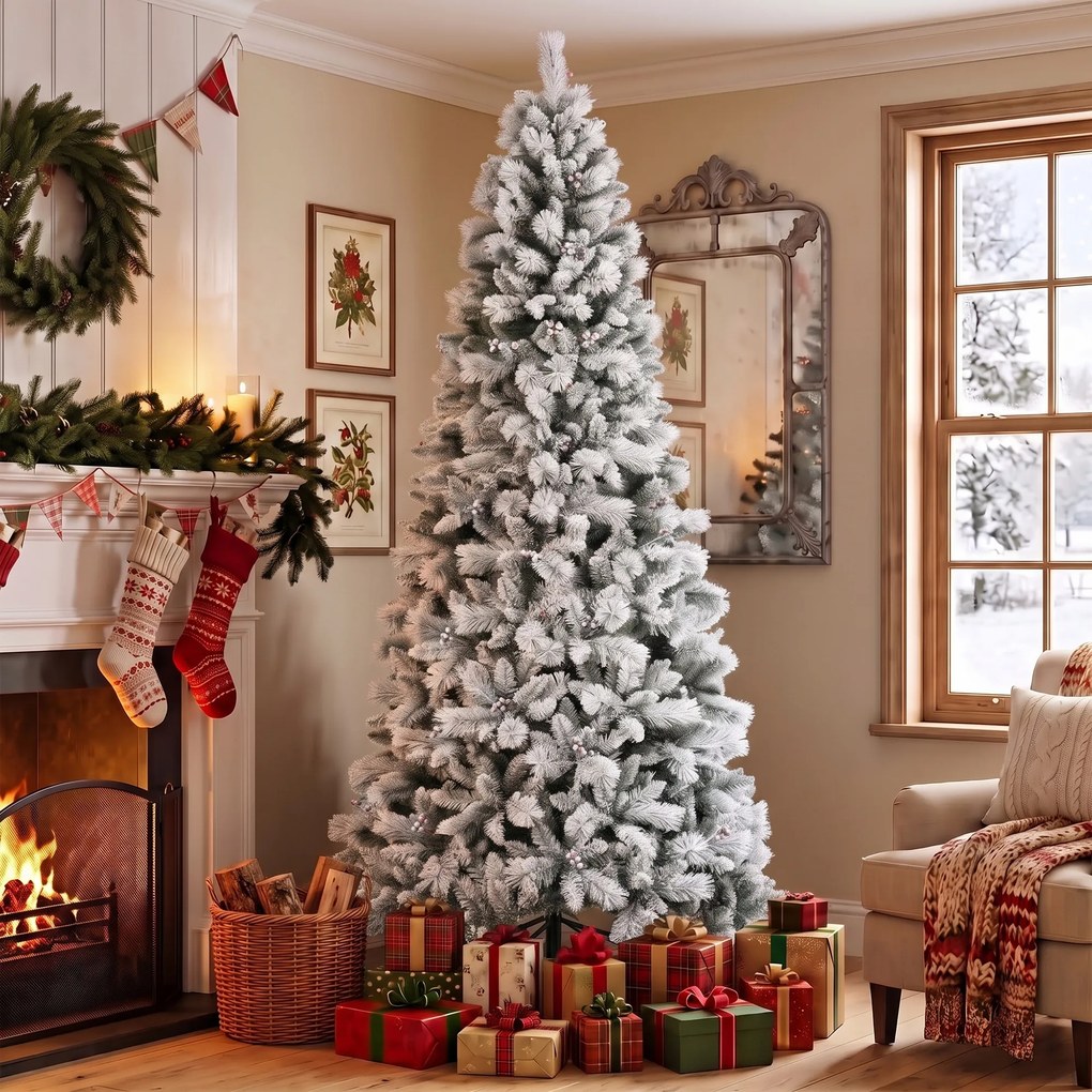 Árvore de Natal Artificial 270 cm com 1507 Ramos Base Metálica Dobrável e Montagem Rápida Branca