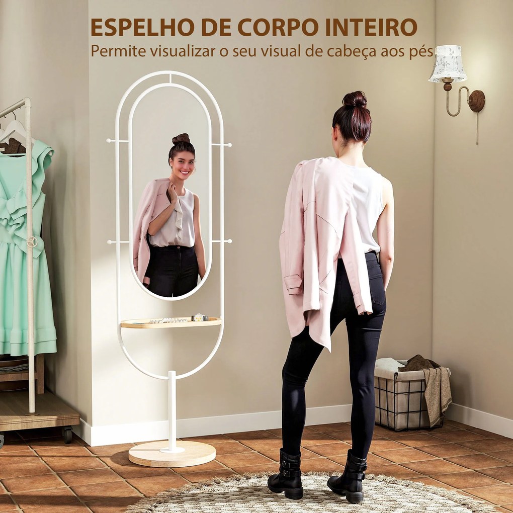 Espelho de Pé 50x175,5 cm Espelho de Corpo Inteiro com Bandeja de Madeira 4 Ganchos e Estrutura de Metal 50x40x175,5 cm Branco