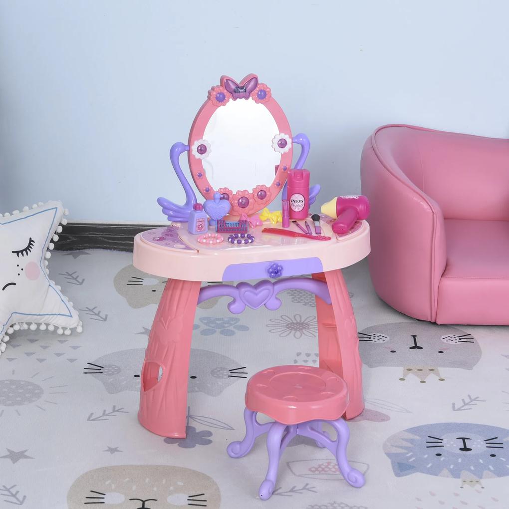 HOMCOM Penteadeira com banquinho Função de música Luzes para crianças acima de 3 anos Inclui 29 peças penteadeira de brinquedo infantil 49,5x23,5x69,5 cm rosa