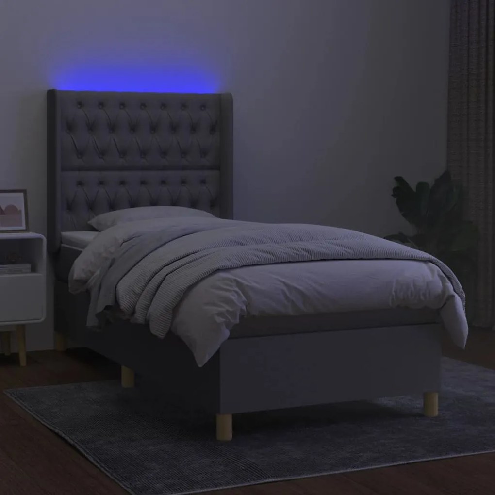 Cama box spring c/ colchão e LED 80x200 cm tecido cinza-claro