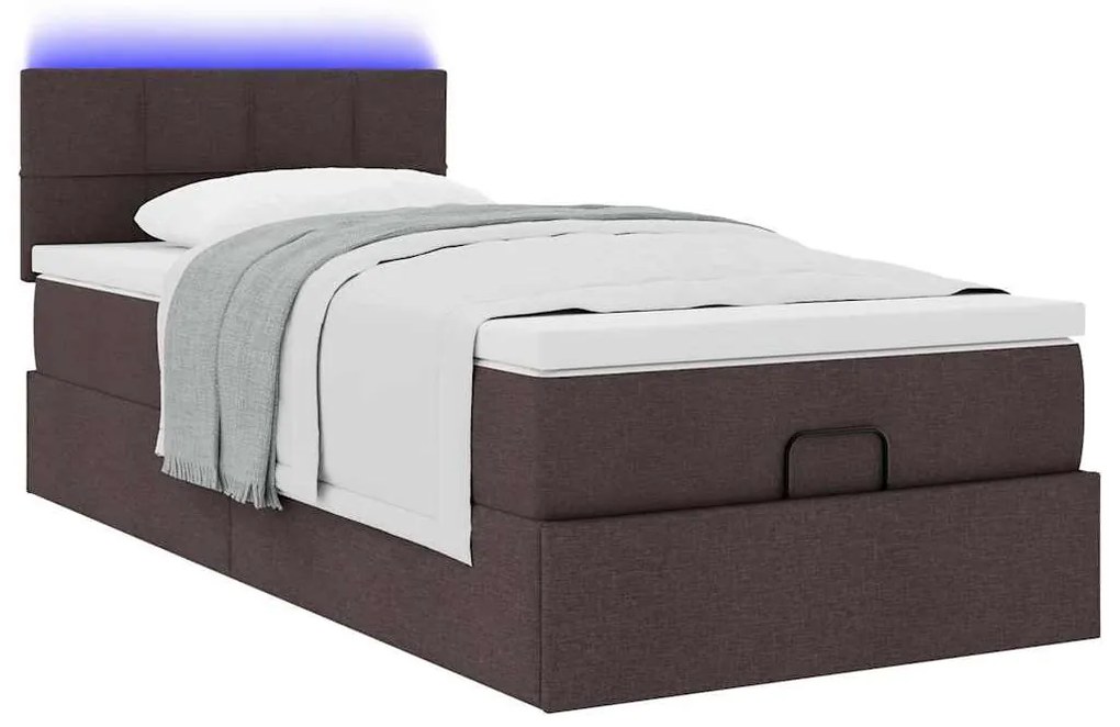 Cama otomana com colchão & LEDs 90x200cm tecido castanho escuro