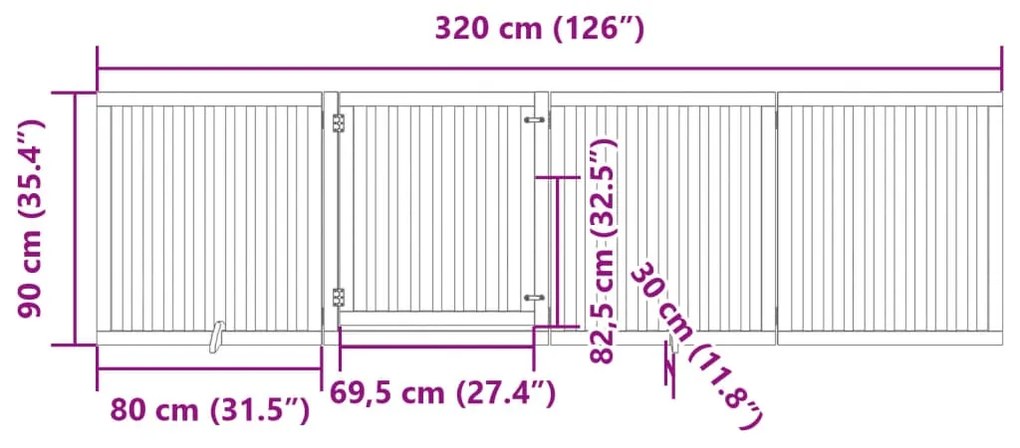 Portão p/ cães c/ porta dobrável 4 painéis 320cm álamo castanho
