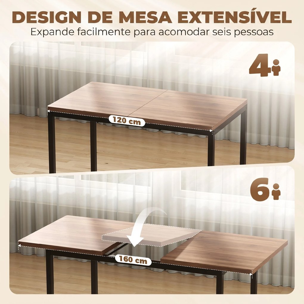 Conjunto de Mesa de Jantar Extensível 120-160 cm e 6 Cadeiras Empilháveis para 4-6 Pessoas Castanho Efeito Madeira