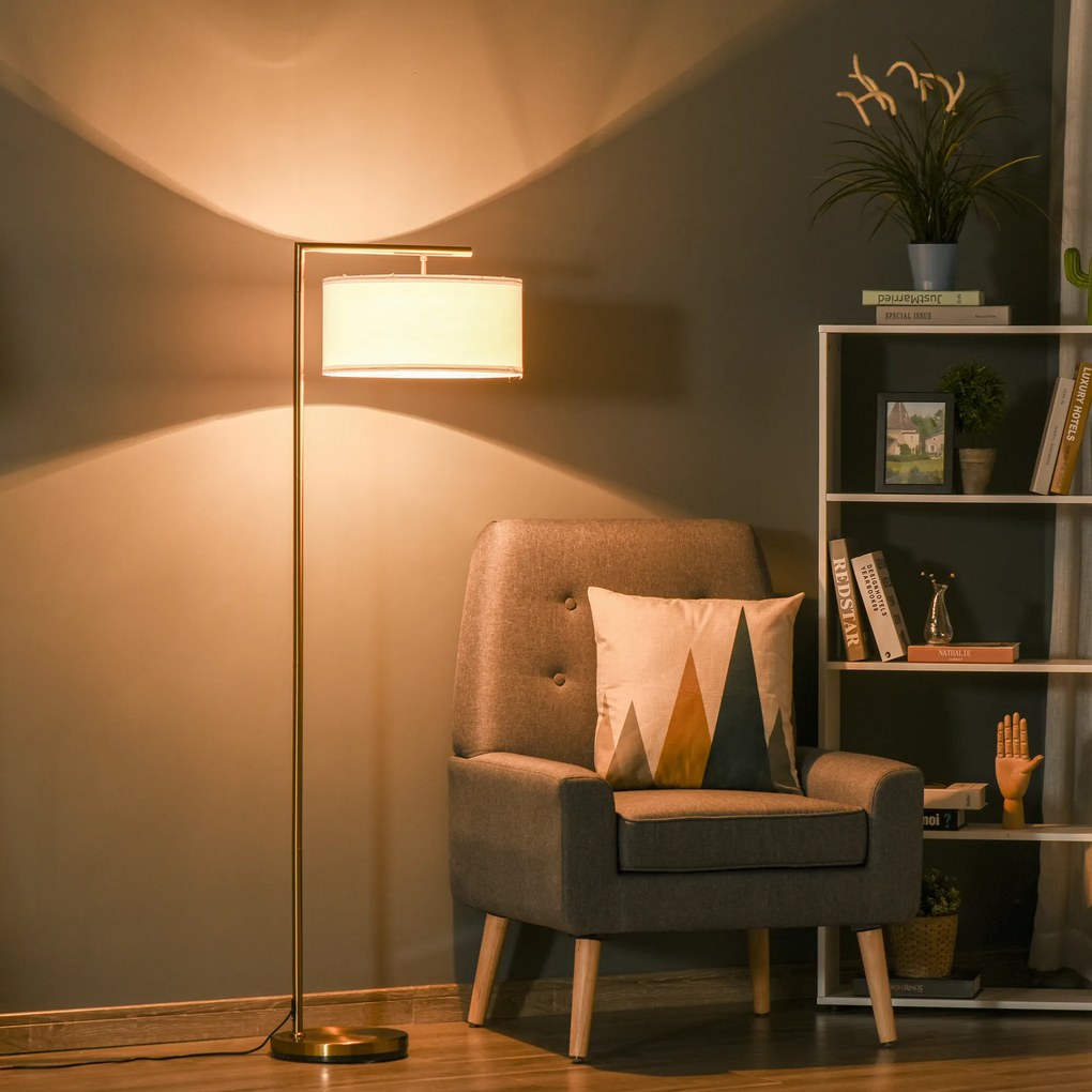 Candeeiro de pé com abajur em tecido de linho e base redonda estável para sala, escritório ou quarto – 47 x 37 x 153 cm, dourado e branco