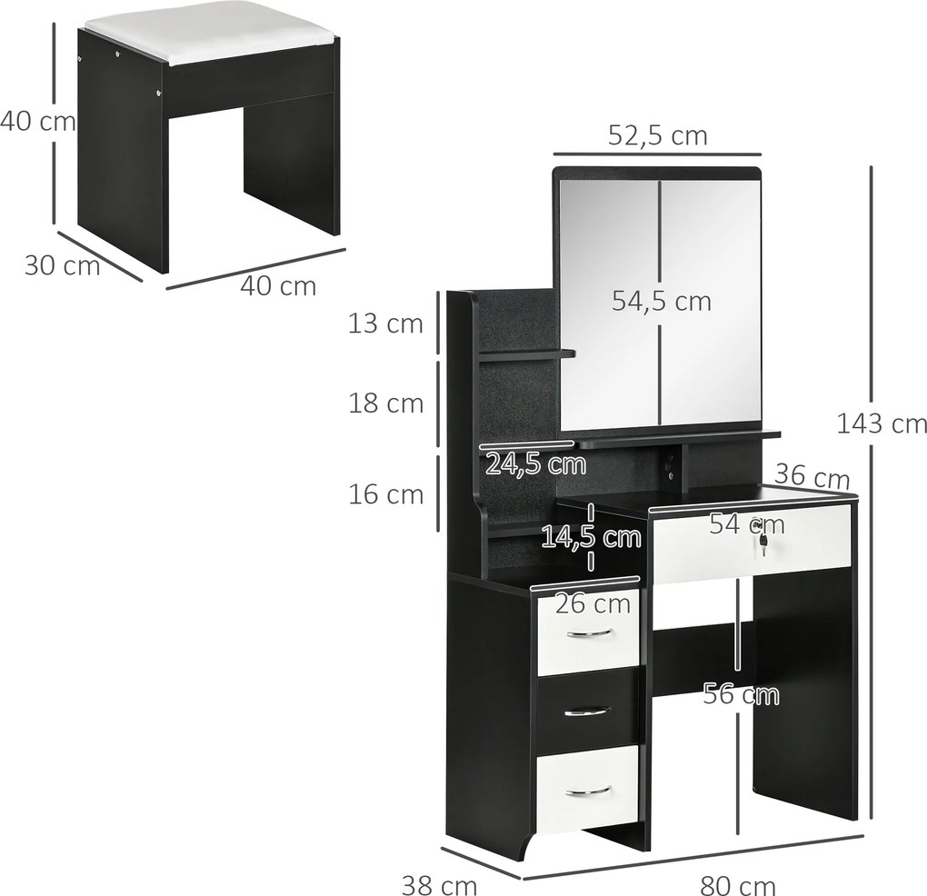 Conjunto de toucador com banco estofado, espelho grande + várias prateleiras abertas + 4 gavetas, branco e preto