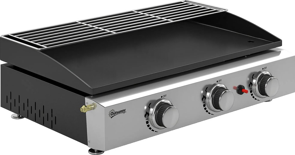 Grelhador a Gás com 3 Queimadores 7,5 kW Barbecue Portátil com Placa Grelha de Aquecimento e Recipiente de Gordura Preto
