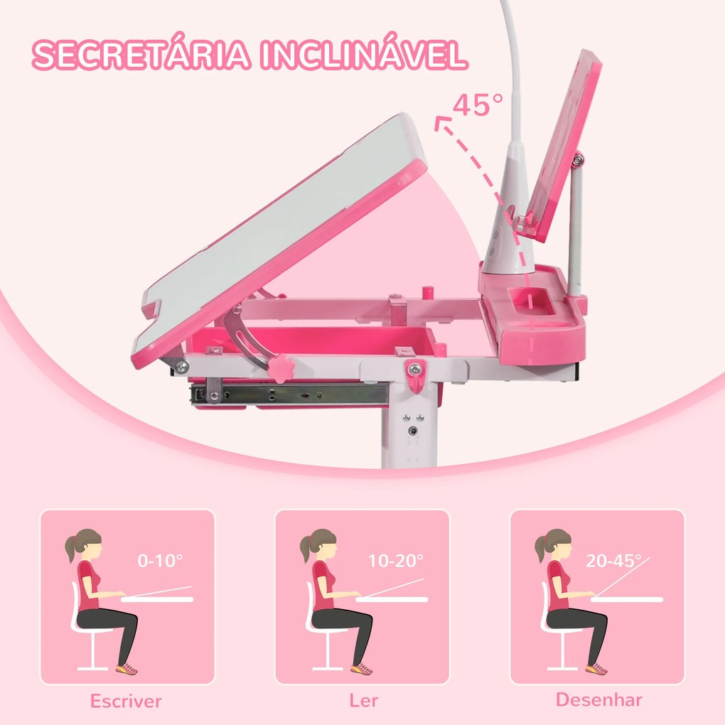 HOMCOM Conjunto de Secretária e Cadeira para Crianças acima de 3 Anos Secretária Infantil com Altura Ajustável Mesa Inclinável Gaveta Lâmpada LED e Suporte para Lápis 80x49,5x80-105cm e 36x34x60-73cm Rosa