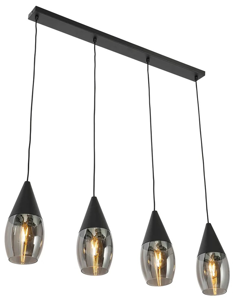 Candeeiro de suspensão moderno preto com vidro fumê 4 luzes - Drop Moderno