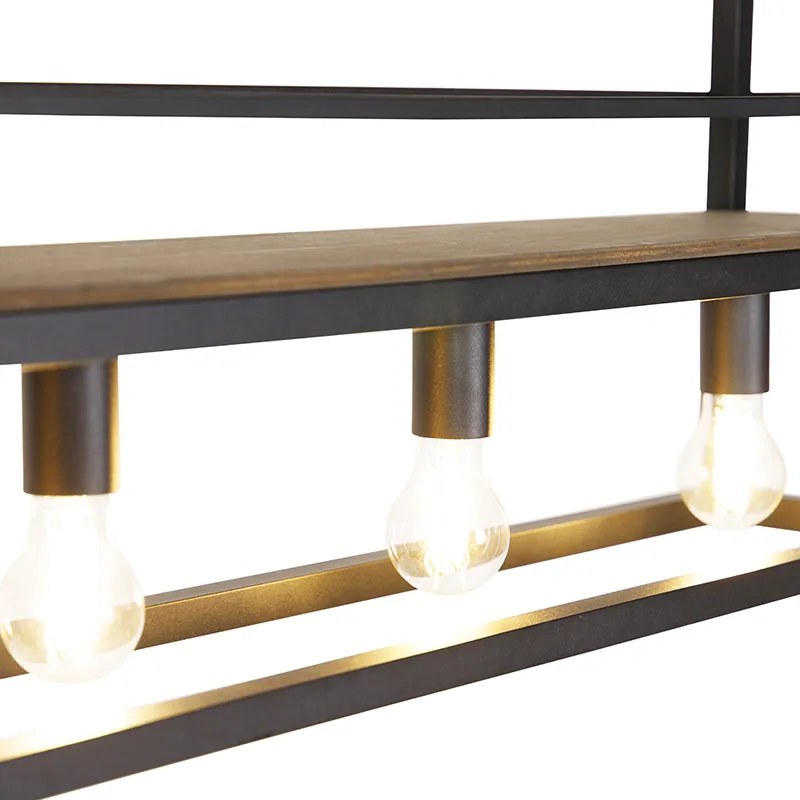 Candeeiro de suspensão industrial preto com prateleira de madeira 4 luzes - Cage Rack Industrial