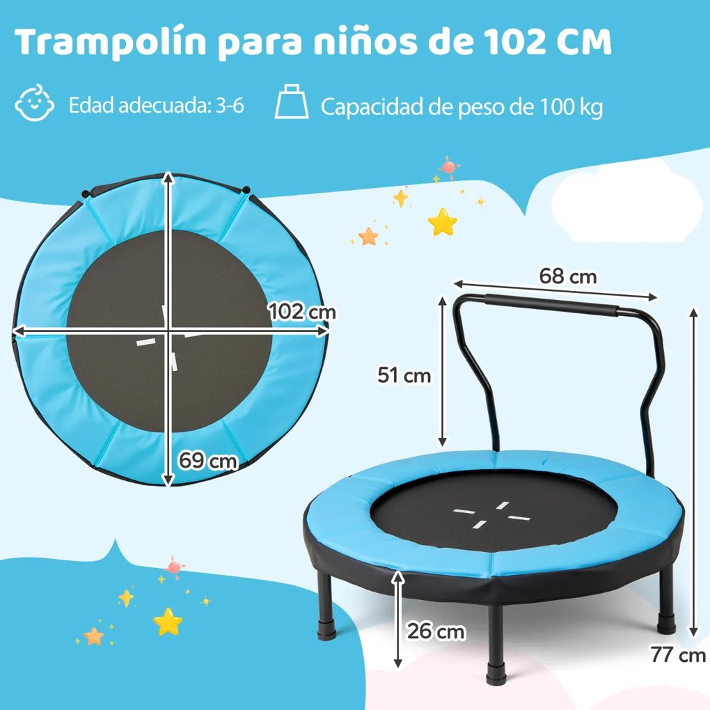 Trampolim infantil 102 cm ou de fitness para interior/exterior com barra em espuma e colchão de segurança para crianças Azul