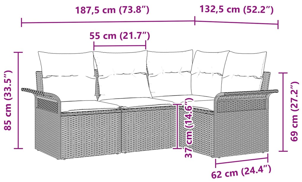 Conjunto de Sofá de Jardim de 4 Peças com Almofadas Castanho Vime Sint
