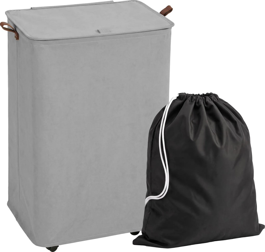 HOMCOM Cesto de Roupa Suja com Tampa e Rodas, 50L, Dobrável com Saco com Cordão Removível, 40x30x65 cm, Cinzento | Aosom Portugal