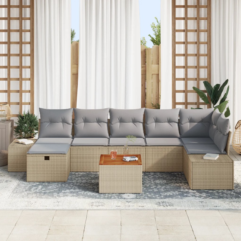 Conjunto de Sofá de Jardim de 8 Peças com Almofadas Bege Polirattan