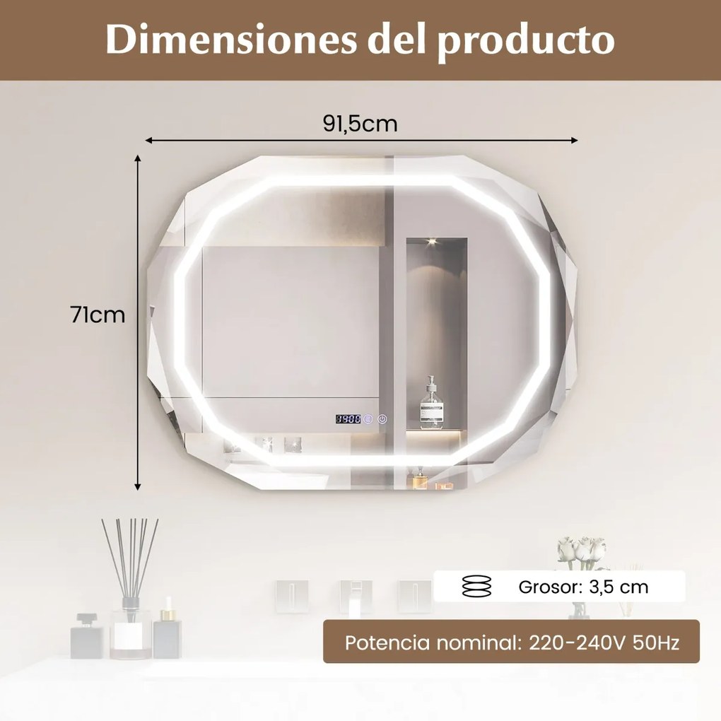 Espelho de parede LED com luzes de 3 cores Função de memória Leitura de tempo e temperatura Espelho elíptico para casa de banho 91,5 x 71 cm Prata