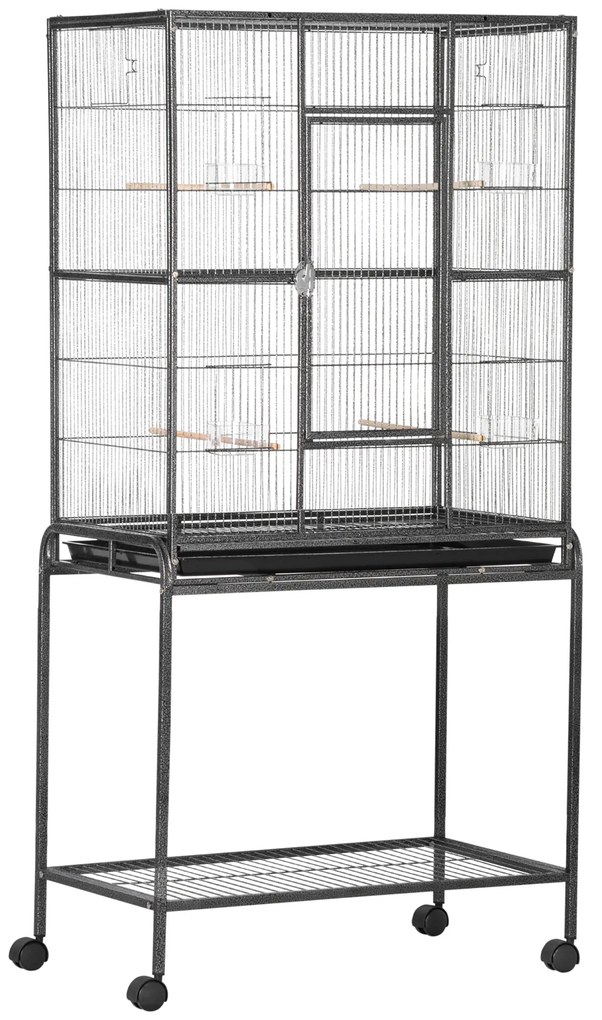 PawHut Gaiola para Pássaros com Rodas 81x48x162,5 cm com Bandeja 4 Poleiros 4 Comedouros e Prateleira Preto e Cinza | Aosom Portugal