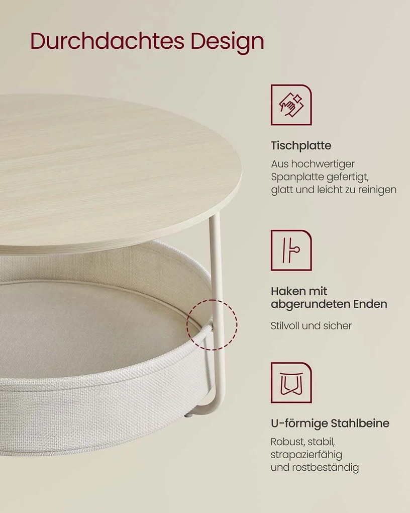Mesa de centro redonda com cesto em tecido 75 x 45 cm bege natural + branco creme