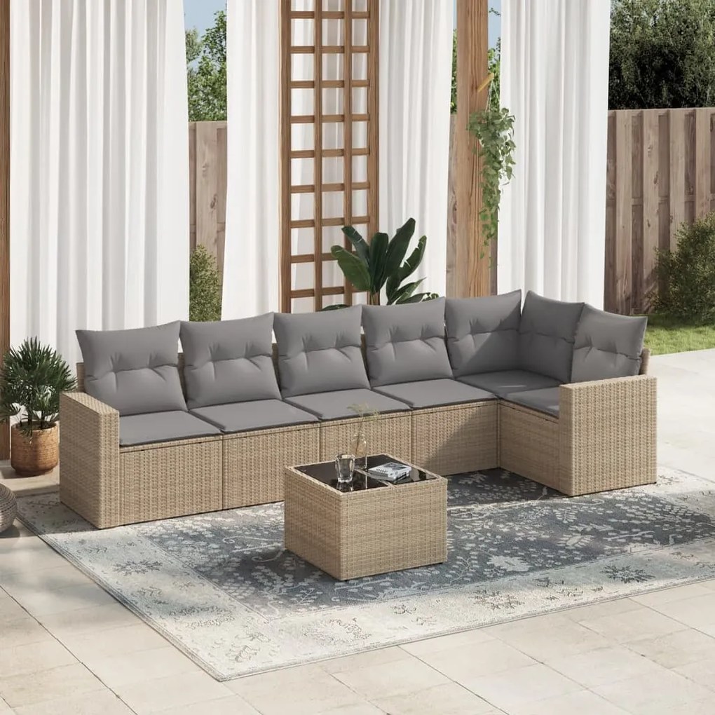 7 pcs conjunto de sofás p/ jardim com almofadões vime PE bege