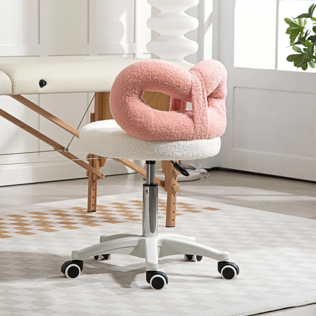 Banco toucador ou salão cabeleireiro Giratório com Altura Regulável 63-77 cm Estofado em Tecido tipo Borreguito 50x50x63-77 cm Branco e Rosa