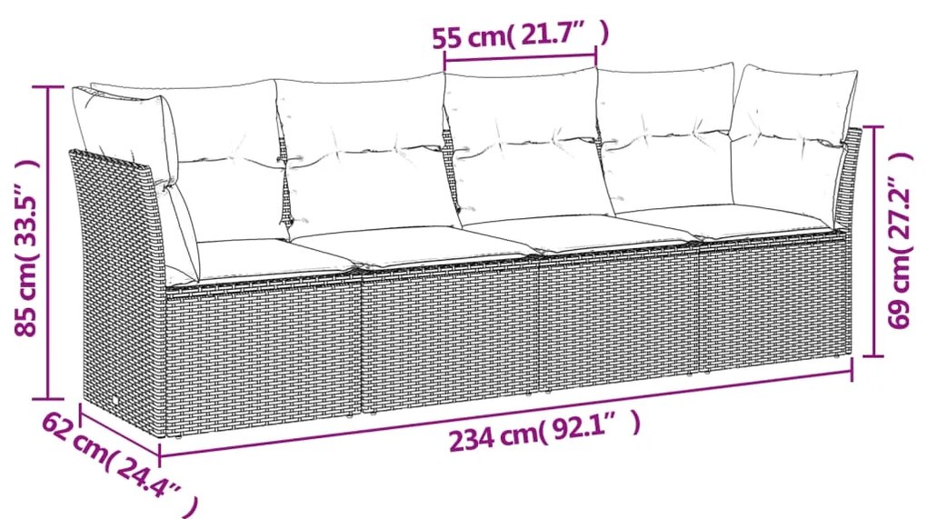4 pcs conjunto de sofás para jardim c/ almofadões vime PE preto