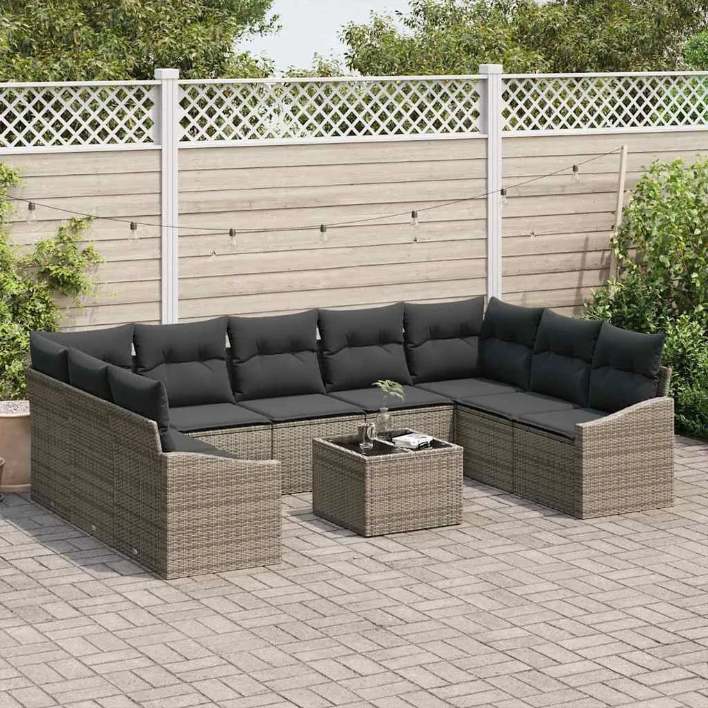 Conjunto de Sofá de Jardim com 10 Peças e Almofadas Pretas em Rattan S