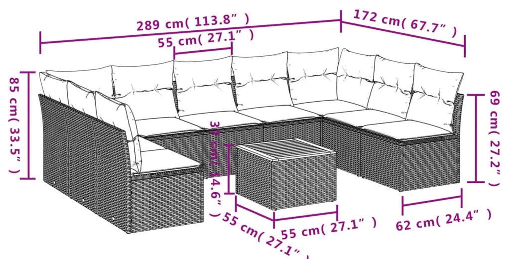 10 pcs conjunto sofás de jardim c/ almofadões vime PE preto