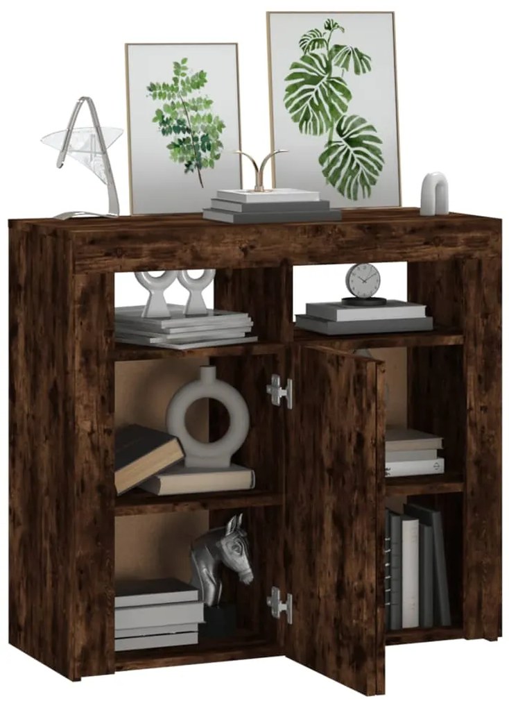 Aparador com luzes LED 80x35x75 cm carvalho fumado