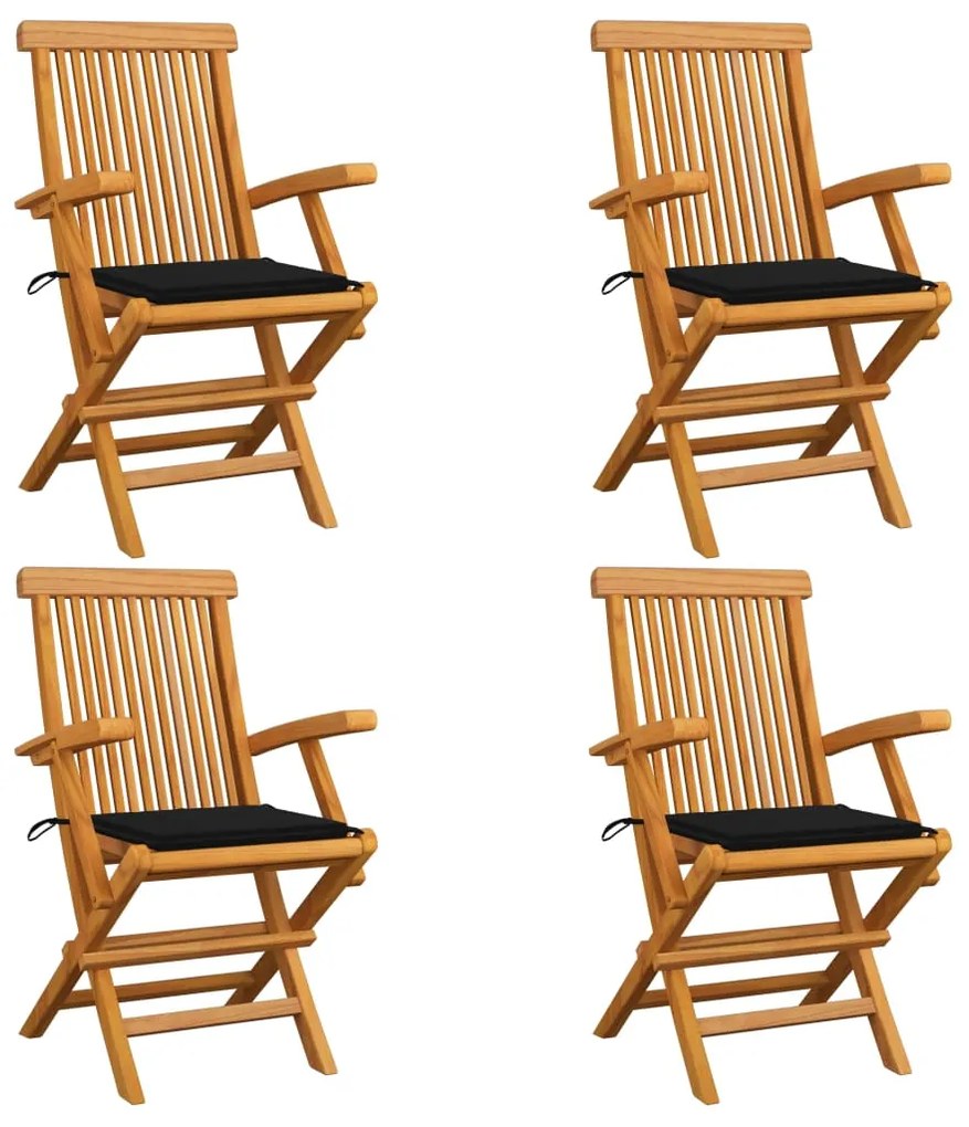 vidaXL Cadeiras de jardim c/ almofadões pretos 4 pcs teca maciça