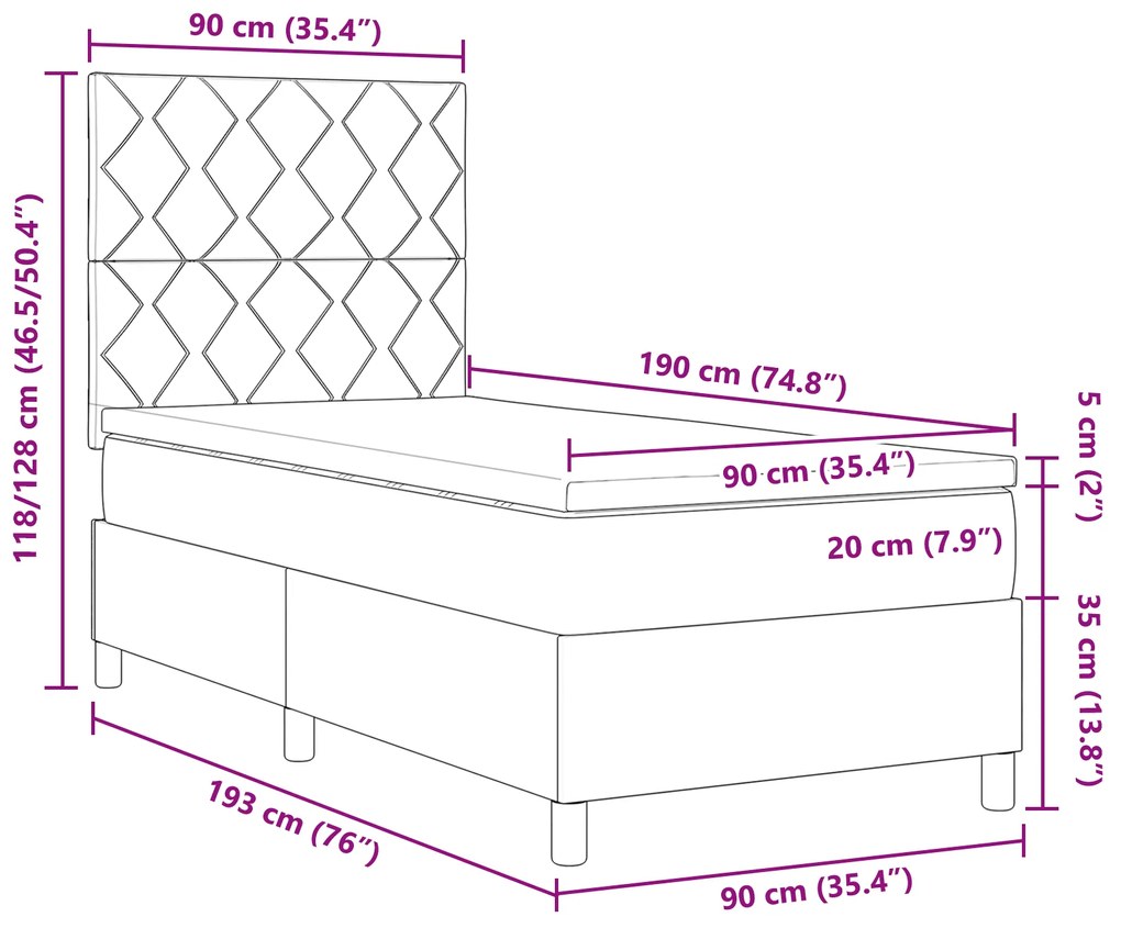 Cama Box Spring com Colchão & LED Cinza Escuro 90x190 cm Tecido