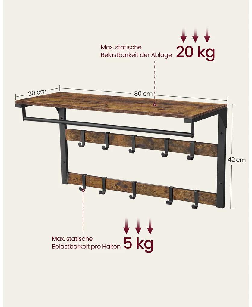 Bengaleiro de parede com prateleira e 10 ganchos amovíveis 30 x 80 x 42 cm preto castanho vintage