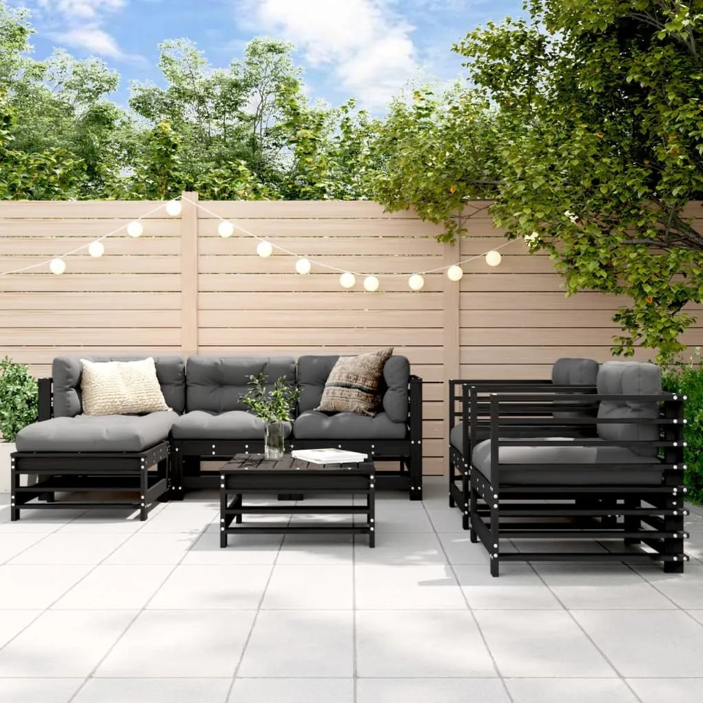 vidaXL 7 pcs conjunto lounge jardim c/ almofadões madeira maciça preto